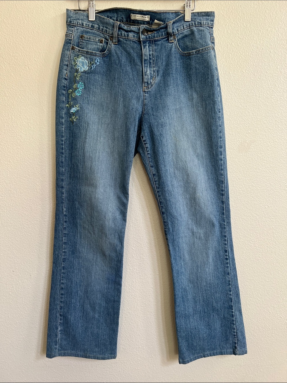 CRAZY HORSE Straight Leg Jeans Floral Embroidered Distressed Mid-Blue Wash 10